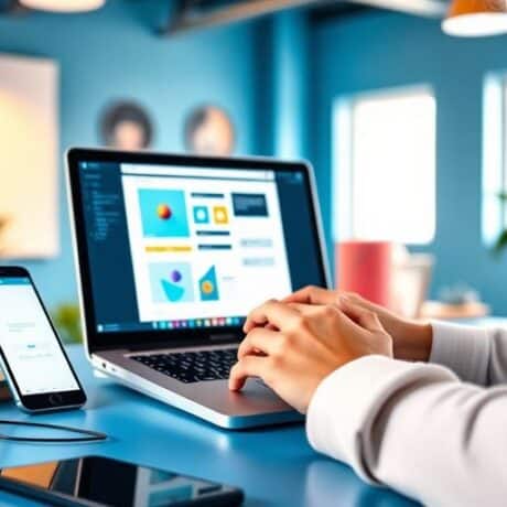 Designer working on mobile interface in a bright workspace.