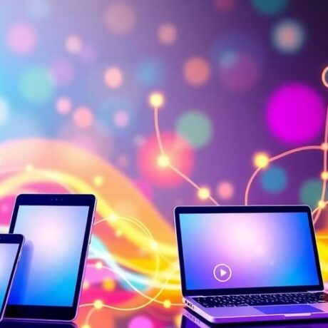 Colorful devices connected in a digital marketing landscape.